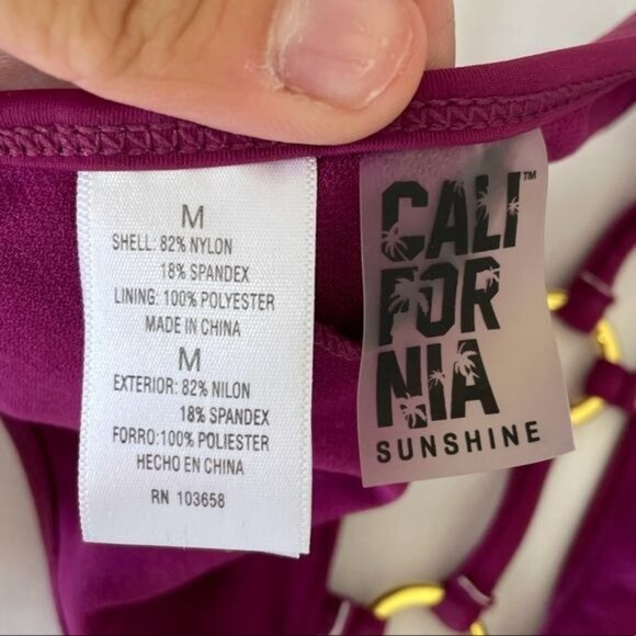 California Sunshine Halter Bikini Top W/ Gold Ring Detail Medium Maroon Nylon/Sp - Picture 3 of 4